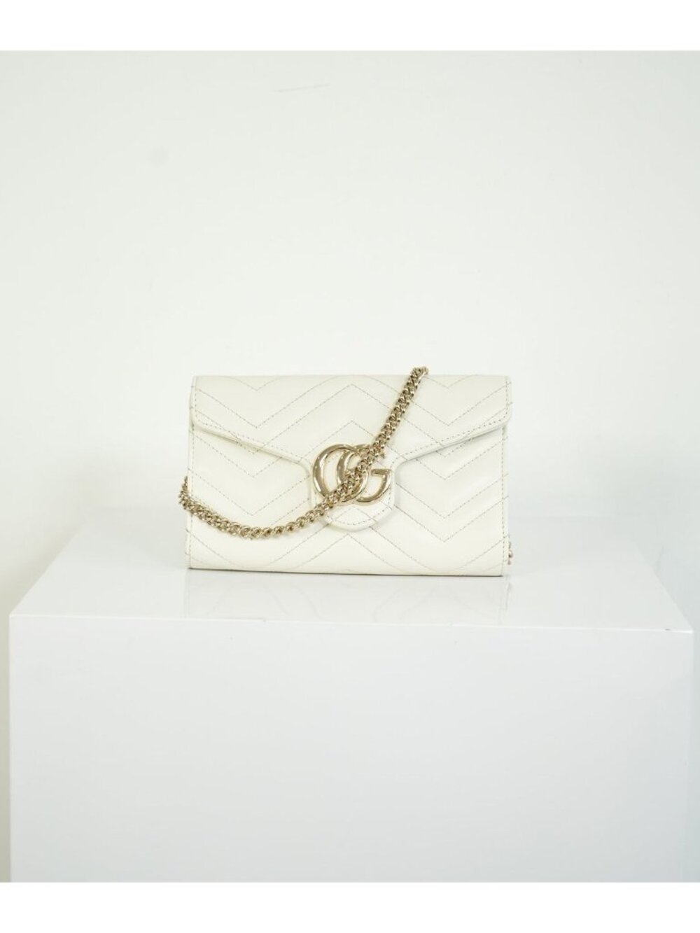 Gucci GG Marmont Continental Wallet on Chain White Matelasse Leather Gold Logo